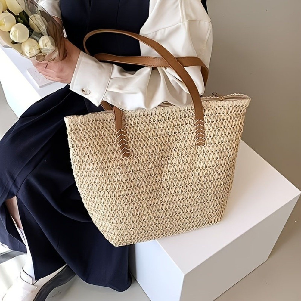 Beach Bag Straw - Moda Düz Renk Örgü Hasır Tote