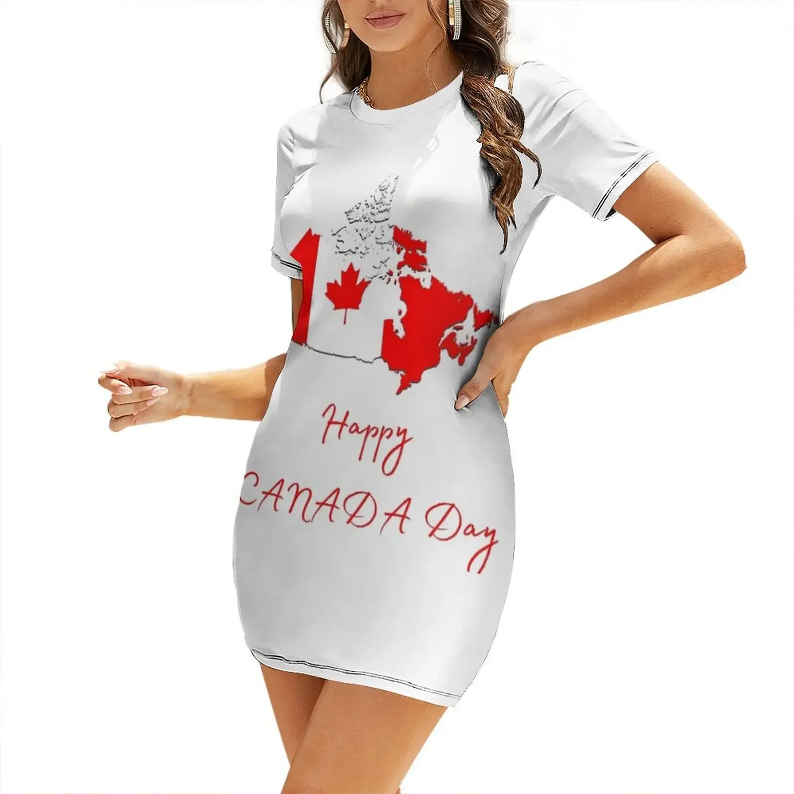 Summer Clothing Women Canada - Mutlu Kanada Günü Kısa Kollu Elbise