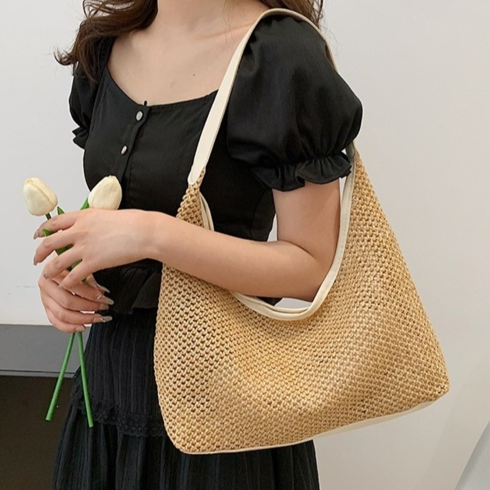 Beach Bag Straw - Sevimli Düz Renk Örgü Hasır Çanta