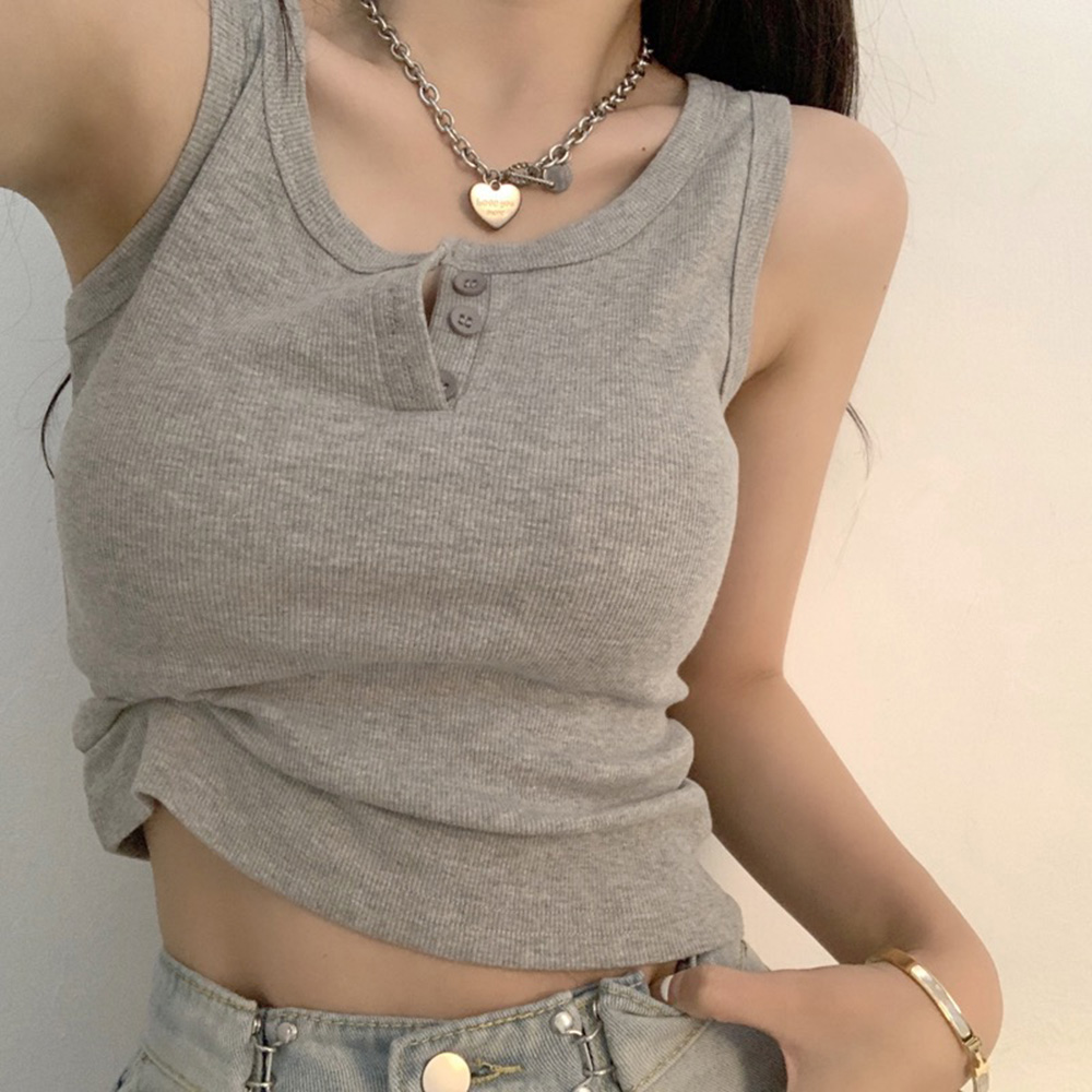 Summer Clothing Teens - Kadınlar için Tank Top Nervürlü Düğme