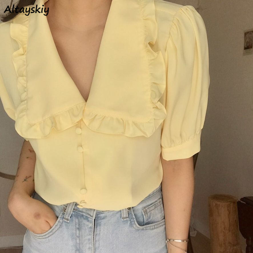 Summer Clothing Teens - Kadın bluzlar katı Ruffles tatlı kısa