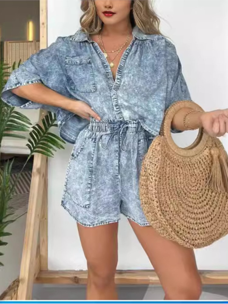 Summer Clothing Zara - Moda Vintage Denim Mavi Şort Takım