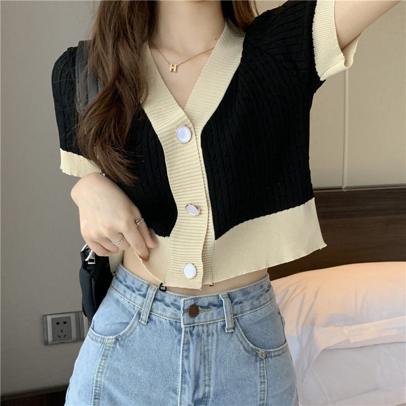 Summer Clothing Teens - Kadın Düğme Yukarı Kısa Kollu Örgü